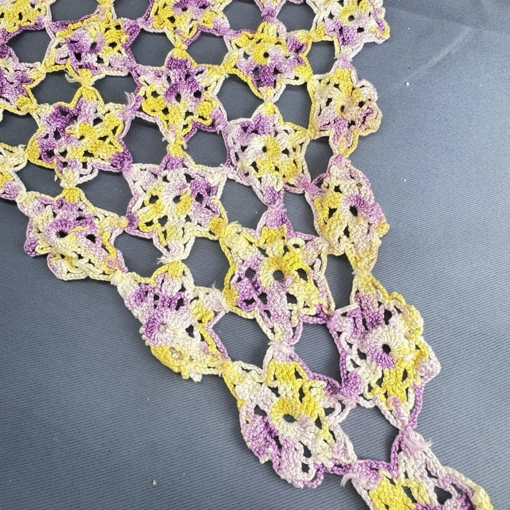 Vintage Hand Crocheted Doily Or Dresser Scarf, Geometric Design, Yellow, Purple